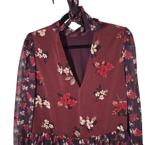 Eliza J Burgundy Floral Long Sleeve Tiered Dress Size 4 - Picture 8 of 12